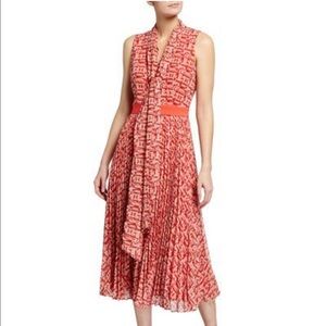 TOCCIN NY Orange Abstract Print V-Neck Tie Sleeveless Pleaded Midi Dress Size 4